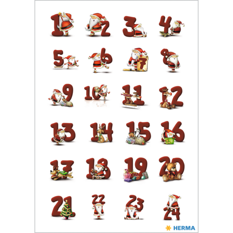 Adventskalender mit den Zahlen von 1 bis 24, wobei jede Zahl einen Weihnachtsmann oder festliche Motive zeigt.
