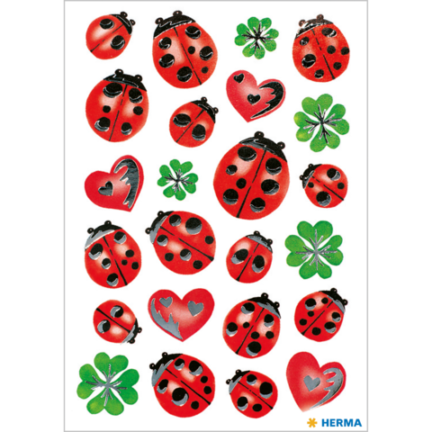 Bunte Aufkleber mit Marienkäfern, Herzen und Kleeblättern in verschiedenen Designs und Farben.