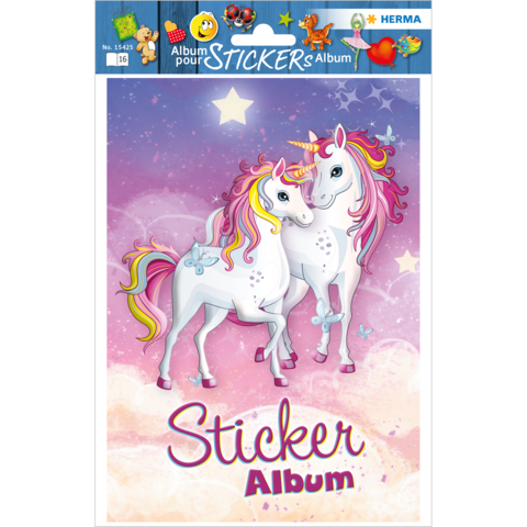 Zwei Einhörner mit bunten Mähnen stehen vor einem pastellfarbenen Hintergrund mit Sternen. Darunter steht "Sticker Album".