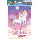Zwei Einhörner mit bunten Mähnen stehen vor einem pastellfarbenen Hintergrund mit Sternen. Darunter steht "Sticker Album".