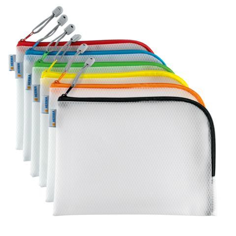 Bunte Reißverschlusstaschen in verschiedenen Farben, angeordnet von links nach rechts, mit einem transparenten Design und einem grauen Reißverschluss.