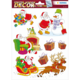 Weihnachtliche Fensterdekoration mit mehreren Weihnachtsmännern, einem Schneemann, Geschenken und einem Rentierschlitten.