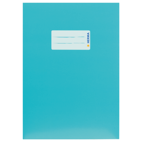 Türkiser Ordner mit einem weißen Etikett oben, auf dem "HERMA" steht.