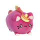 Ein rosa Plüschkatze mit einem bunten Horn und einem Schwanz aus bunten Spitzen, mit großen Augen und einem lächelnden Gesicht.