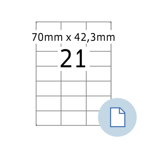 Ein rechteckiges Etikett mit den Maßen 70 mm x 42,3 mm und der Zahl 21 in großer Schrift.