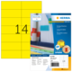 Gelbe Etiketten mit der Nummer 14, verpackt in einer Herma-Spezialverpackung, die Informationen zu den Etiketten enthält.