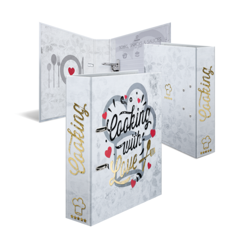 Ein Rezeptordner mit dem Titel "Cooking with Love", verziert mit Herzen und Kochutensilien, in einem eleganten Design.