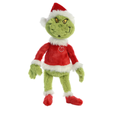 Grüner Plüschgrinch in Weihnachtsmannkostüm mit rotem Pullover und Mütze, steht aufrecht mit einem schelmischen Gesichtsausdruck.
