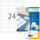 Ein Blatt mit 24 leeren Etiketten und einer Verpackung für Herma Inkjet-Etiketten, die Software zur Gestaltung anbietet.