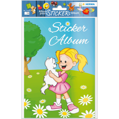 Ein Mädchen in einem rosa Kleid umarmt eine weiße Katze auf dem Cover eines Sticker-Albums mit bunten Illustrationen.