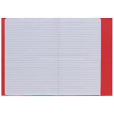 Ein offenes Notizbuch mit linierten Seiten und rotem Einband. Die Seiten sind leer und bereit zum Beschreiben.