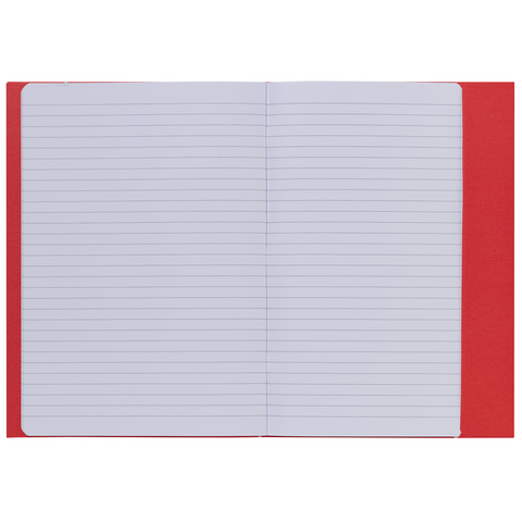 Ein offenes Notizbuch mit linierten Seiten und rotem Einband. Die Seiten sind leer und bereit zum Beschreiben.
