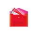 Rote Mappe mit mehreren Dokumenten und Tickets, die teilweise sichtbar sind.