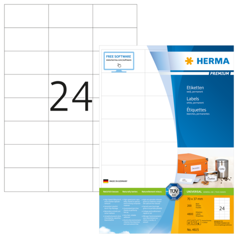 Etikettenblatt mit der Nummer 24, Hersteller HERMA, zeigt die Produktdetails und Abmessungen von 70 x 37 mm.