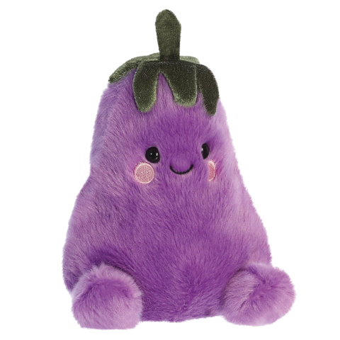 Lila Plüschfigur in Form einer Aubergine mit einem lächelnden Gesicht und grünen Blättern oben."
(Note: The text is already in German and does not require translation. It is clear and fluent as is.)