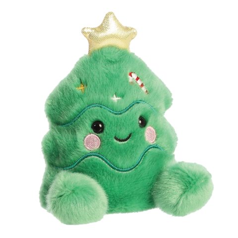 Grünes, plüschiges Kissen in Form eines Weihnachtsbaums mit einem lächelnden Gesicht, einer goldenen Krone und bunten Verzierungen.