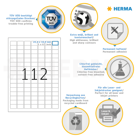 Ein transparenter Ordner mit Gummibandverschluss, der Maße von 25,4 mm und 16,9 mm anzeigt. Markenlogo "HERMA" oben rechts.