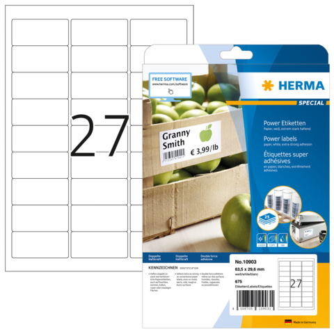Aufkleberpackung mit Granny Smith Äpfeln, Preisangabe und Hinweis auf kostenlose Software. Enthält 27 Etiketten.