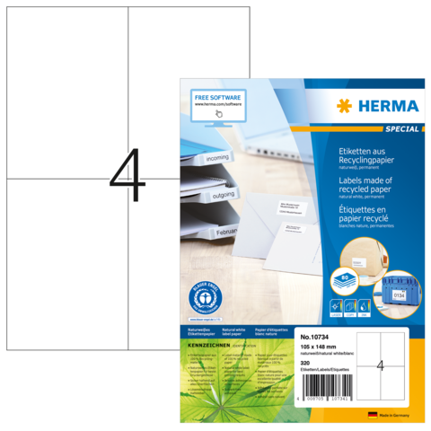 Etiketten aus Recyclingpapier in einer Verpackung, mit Angaben zu Software und Anwendung. Enthält 90 Etiketten in der Größe 105 x 148 mm.