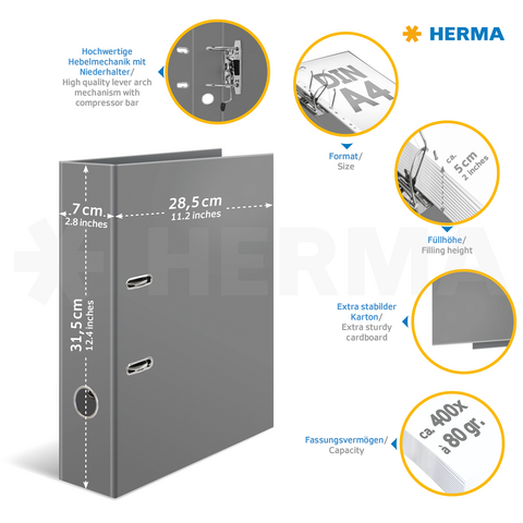 Graue Ringmappe mit hochwertiger Hebemechanik, Maße 31,5 cm x 28,5 cm x 7 cm, geeignet für A4-Dokumente, Fassungsvermögen ca. 400 Blatt.
