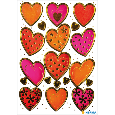 Bunte Herzaufkleber in verschiedenen Formen und Farben, darunter Rot, Pink und Orange, auf weißem Hintergrund angeordnet.