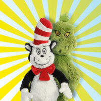 Der Grinch und eine gestreifte Katze mit einem Hut stehen vor einem leuchtend gelben Hintergrund.