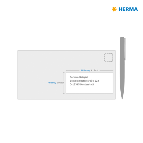 Briefbeschreibung einer Postkarte mit Adressfeld, Maßangaben und einem Platz für eine Briefmarke.