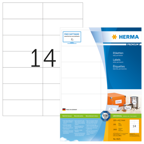Etikettenblatt mit der Nummer 14, das die Marke HERMA zeigt, einschließlich Produktinformationen und Anwendungsdetails.