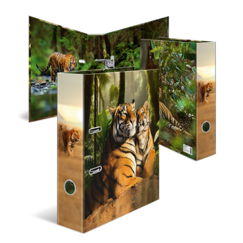Ordner mit Tiger-Motiven, darunter ein paar Tiger und ein Jungtier in einer Dschungellandschaft.