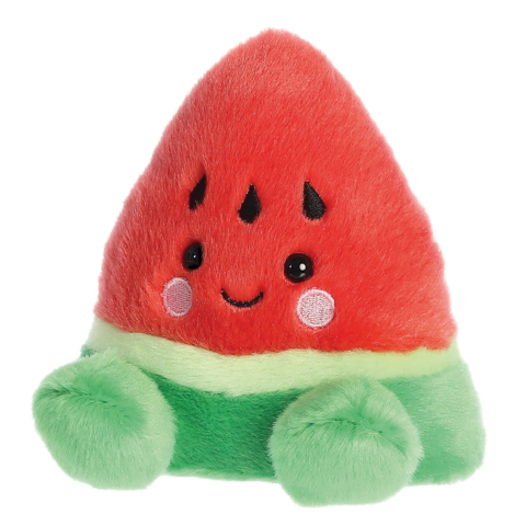 Kuscheliger Wassermelonen-Plüsch in leuchtenden Rot- und Grüntönen, mit einem lächelnden Gesicht und kleinen Armen.