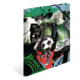 Zwei Fußballspieler in dynamischer Pose, umgeben von grafischen Elementen und Spielständen. Farbenfrohes, modernes Design.