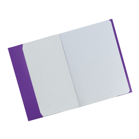 Ein offenes Notizbuch mit kariertem Papier und lila Umschlag. Die linke Seite ist leer, während die rechte Seite mit kariertem Papier gefüllt ist.