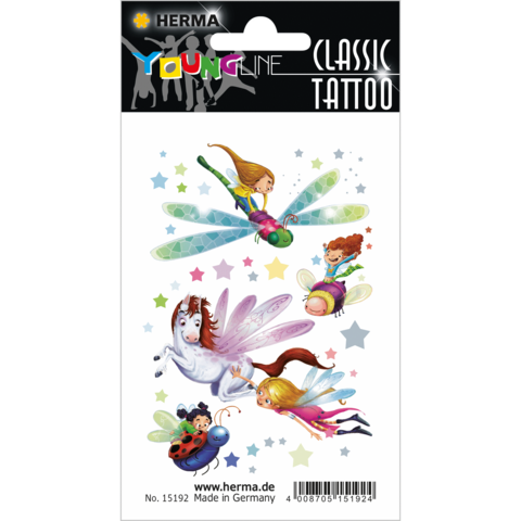 Bogen mit temporären Tattoos, darunter Feen, ein Einhorn und Kinder, umgeben von bunten Sternen.