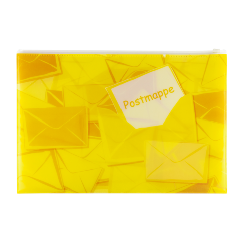Gelbe Postmappe mit einem Aufdruck, der das Wort "Postmappe" zeigt, umgeben von grafischen Darstellungen von Briefumschlägen.
