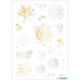 Eine Sammlung von Schneeflocken und Sternen in verschiedenen Farben, darunter Gold, Silber und Grün, auf einem weißen Hintergrund.