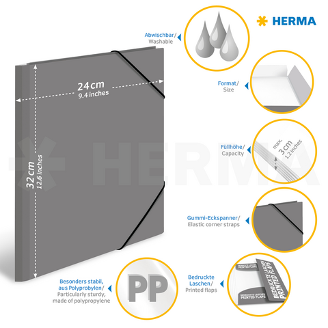 Graue Mappe mit flexiblen Ecken, abwischbar, 24 cm x 32 cm, aus Polypropylen, mit bedruckten Laschen und robuster Bauweise.