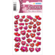 Bunte Herzaufkleber in verschiedenen Größen und Farben, darunter rot, pink und lila, mit unterschiedlichen Gesichtsausdrücken.