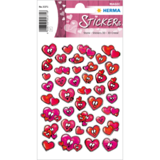 Bunte Herzaufkleber in verschiedenen Größen und Farben, darunter rot, pink und lila, mit unterschiedlichen Gesichtsausdrücken.