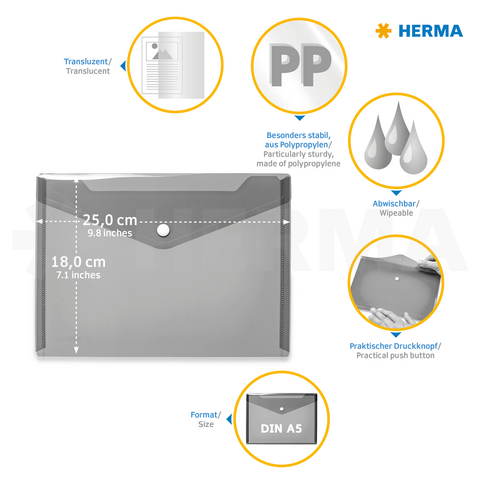 Transparente A5-Mappe aus Polypropylen, abwischbar, mit praktischem Druckknopf. Maße: 25 cm x 18 cm." 

(Note: The text is already in German and does not require translation.)