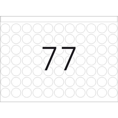 Die Zahl 77 ist in großen, schwarzen Ziffern auf einem weißen Hintergrund abgebildet, umgeben von vielen kleinen, leeren Kreisen.