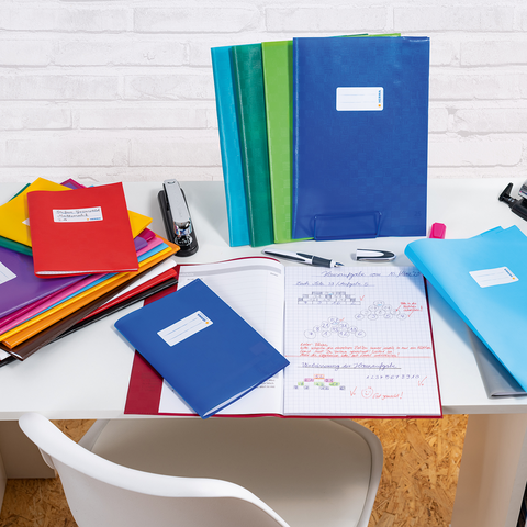 Ein Schreibtisch mit bunten Ordnern, Notizbüchern, Schreibutensilien und einem kleinen Pflanzenarrangement.