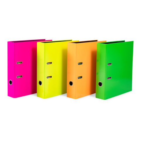 Vier bunte Ordner in Pink, Gelb, Orange und Grün, aufrecht stehend, mit zwei Löchern auf der Vorderseite.