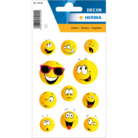 Bogen mit verschiedenen Smiley-Stickern in gelb, einschließlich fröhlicher und lustiger Gesichter, einige mit Sonnenbrillen.