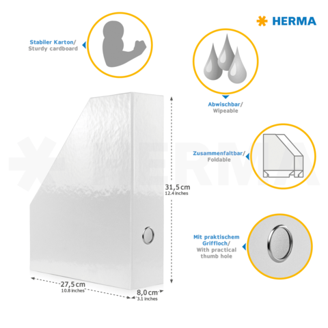 Stabiler, weißer Kartonordner mit abwischbarer Oberfläche, praktischer Grifföffnung und faltbarem Design. Maße: 31,5 cm hoch, 27,5 cm tief, 8 cm breit.