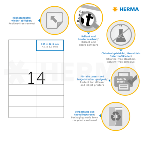 Etiketten von HERMA, 105 x 42,3 mm, geeignet für Laser- und Inkjetdrucker, mit chlorfreiem, lösungsmittelfreiem Kleber.