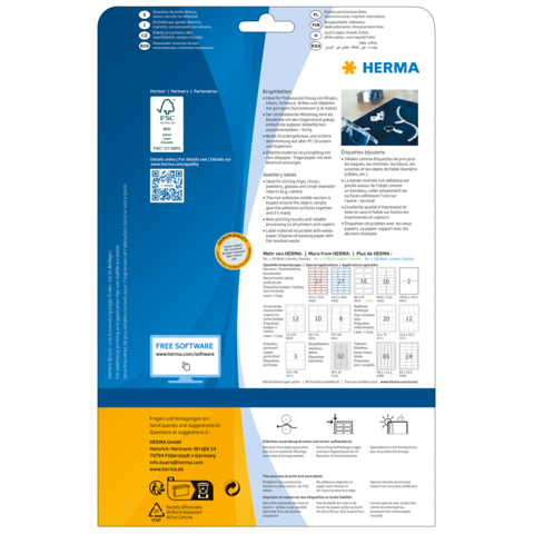 Produktverpackung von HERMA mit Informationen zu Etiketten, Software und Anwendungshinweisen. Enthält QR-Code und technische Details.