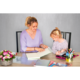 Eine Frau und ein Mädchen sitzen an einem Tisch und blättern in einem Buch. Auf dem Tisch liegen verschiedene Schreibmaterialien und Blumen.