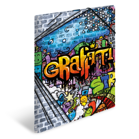 Bunte Graffiti-Kunst auf einer Mauer, mit dem Wort "Graffiti" in auffälligen Buchstaben und verschiedenen cartoonhaften Figuren und Mustern.