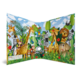 Ein aufgeschlagenes Kinderbuch mit bunten Tierillustrationen, darunter Giraffen, Elefanten und Zebras, umgeben von Pflanzen und Blumen.