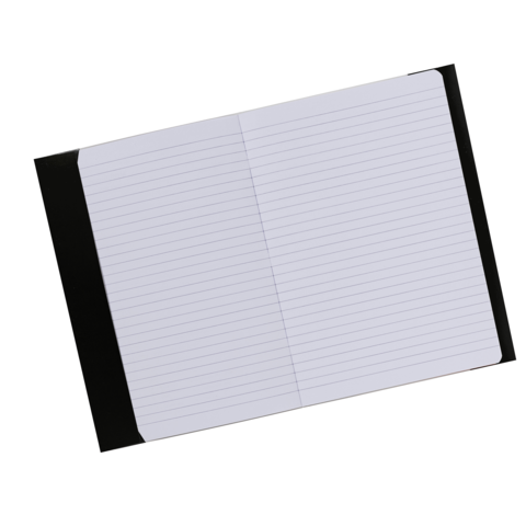 Ein offenes Notizbuch mit linierten Seiten, das auf einer weißen Fläche liegt.